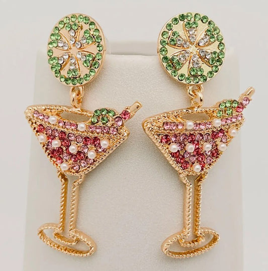 Martini Glass Lemon Slices Colorful Rhinestone Earrings (SOLD OUT)