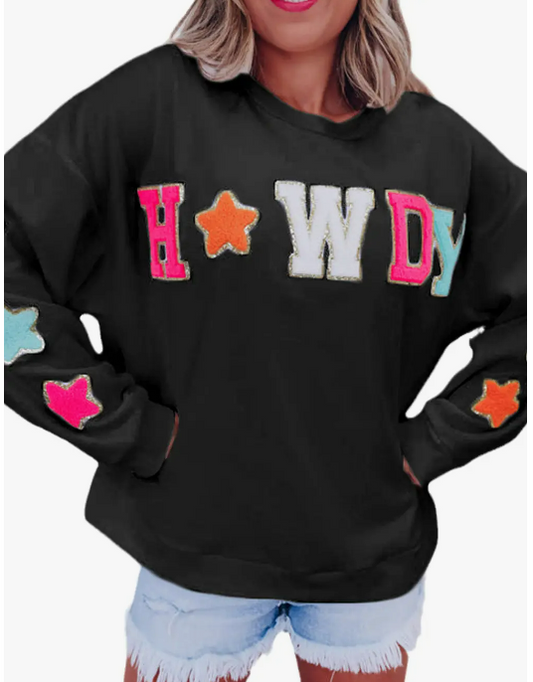 Glitter Howdy Patch Graphic Casual Sweatshirt (Black)