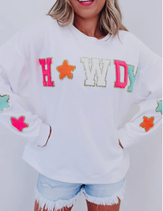 Glitter Howdy Patch Graphic Casual Sweatshirt (White)
