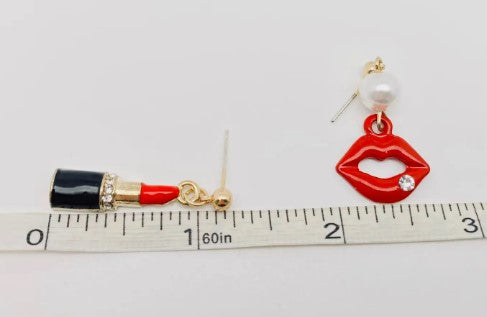 Rhinestone Enamel Red Lip Lipstick Asymmetrical Earring