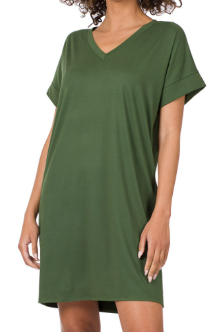 Army Green V-Neck T- Shirt Dress with Pockets
