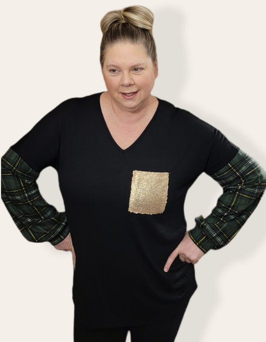 TOUCH OF SEQUIN V-NECK TOP - EXTENDED SIZES AVAILABLE