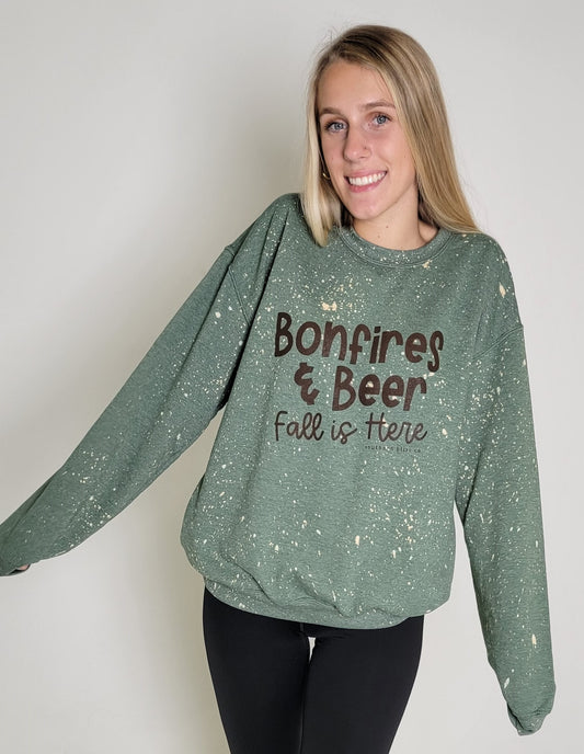 Bonfires and Beer Bleach Speckled Graphic Crewneck Sweatshirt (Extended Sizes Up To 3XL)