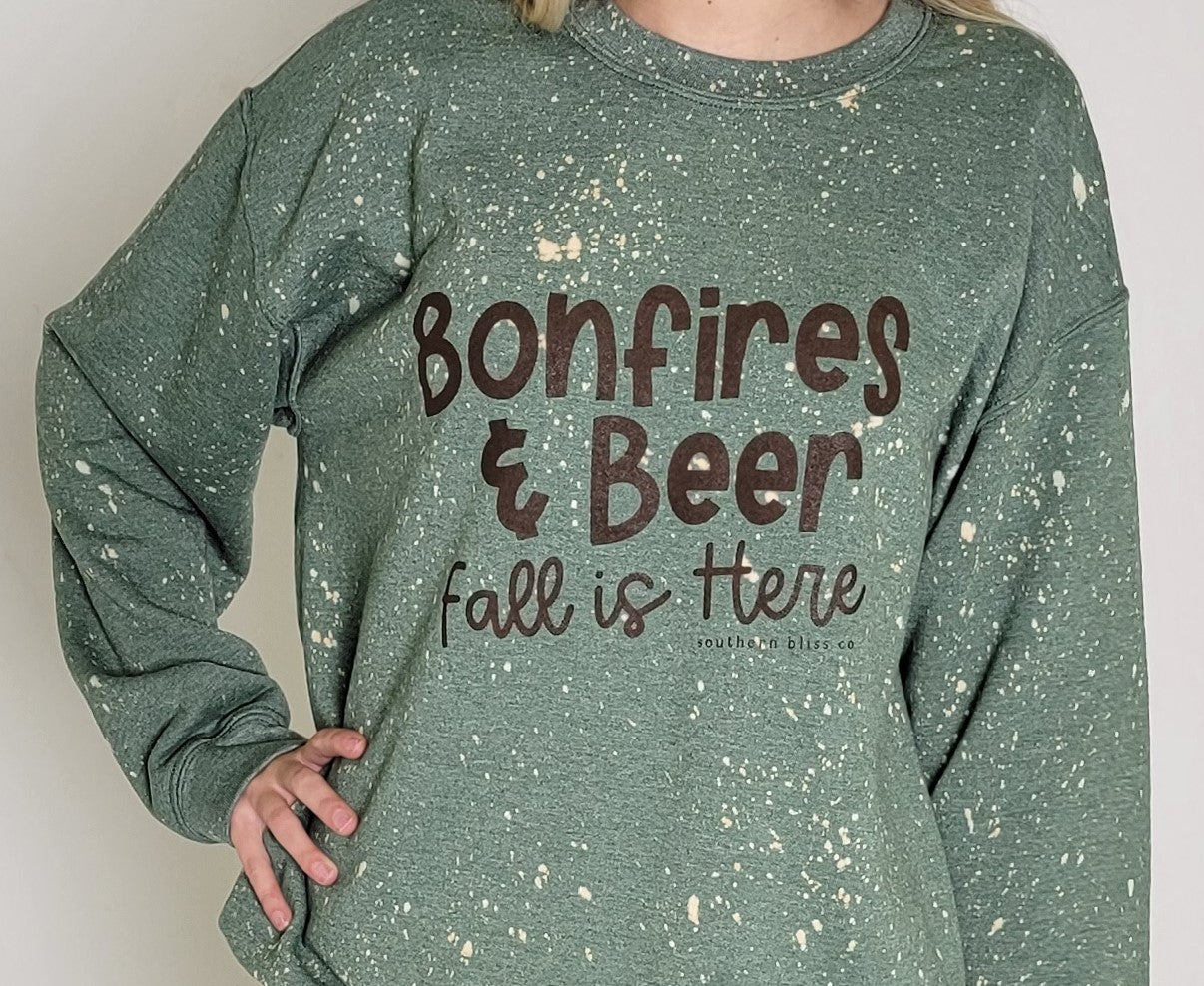Bonfires and Beer Bleach Speckled Graphic Crewneck Sweatshirt (Extended Sizes Up To 3XL)