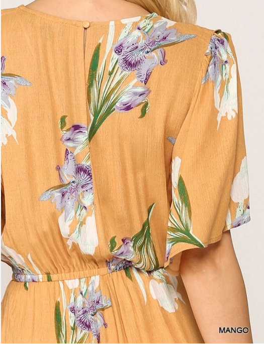 Floral Print Flutter Sleeve Ruffle Back Keyhole Jumpsuit