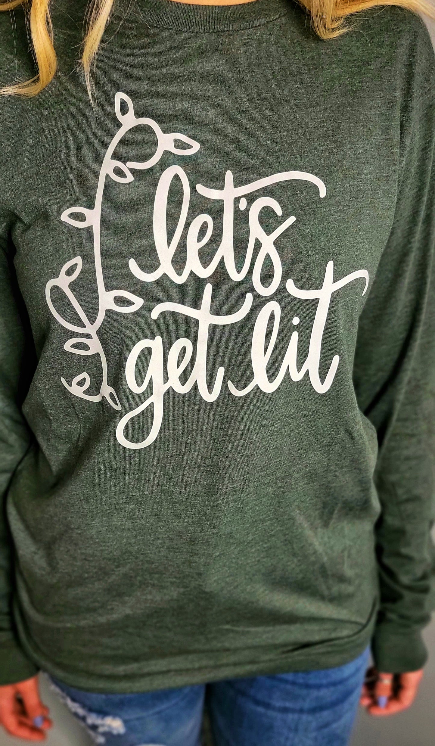 Let’s Get Lit Christmas Long Sleeve Graphic Tee (Heather Forest) Extended Sizes