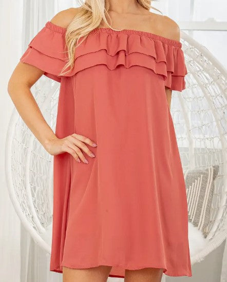 Off-Shoulder Solid Dress with Ruffles - Regular & Plus Sizes