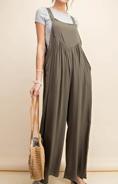 Overall Baggy Bib Wide Leg Jumpsuit (Olive)