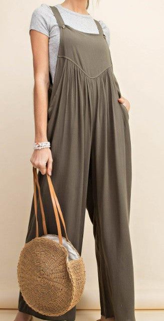 Overall Baggy Bib Wide Leg Jumpsuit (Olive)