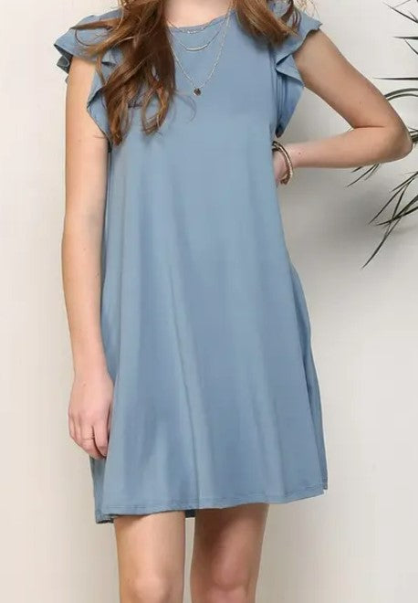 Flutter Sleeve Mini Dress in Denim Blue
