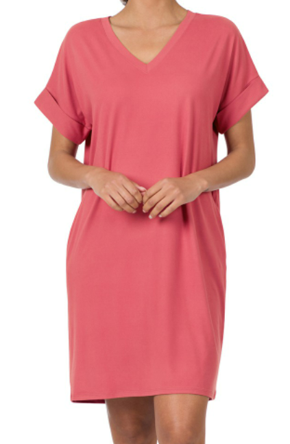 Rose V-Neck T-Shirt Dress w/Pockets