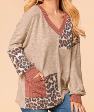 TAUPE LEOPARD COLOR BLOCK LIGHT WEIGHT SWEATER (Available in Extended Sizes)