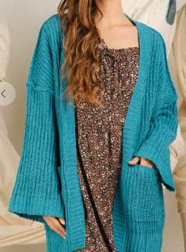Soft Solid Unique Blue Chunky Sweater Cardigan