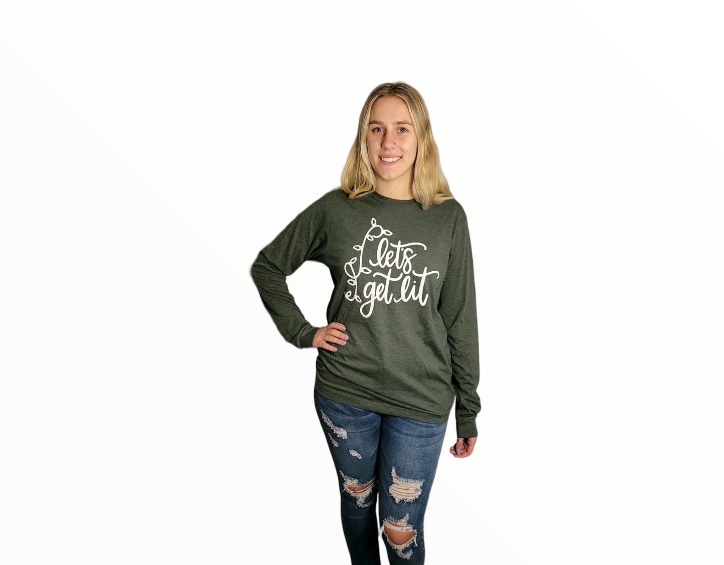 Let’s Get Lit Christmas Long Sleeve Graphic Tee (Heather Forest) Extended Sizes